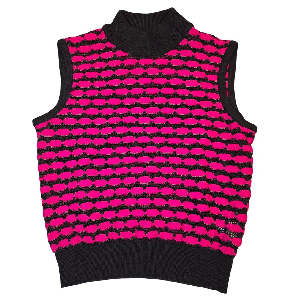 St. John Sport Cerise Pink Black Knit Sleeveless Cropped Turtleneck Top Medium